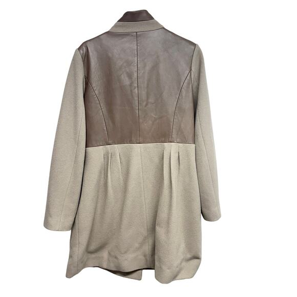 Badgley Mischka Designer Beige Wool Pea Coat Leather Trim Luxury Jacket Large - Picture 3 of 3